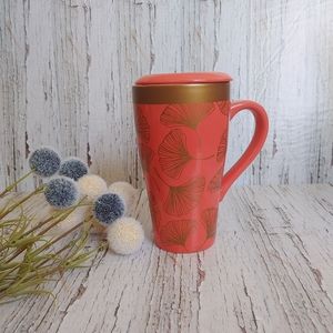 STOKES Coral Pink W/ Gold Ceramic Coffee Mug w/Lid